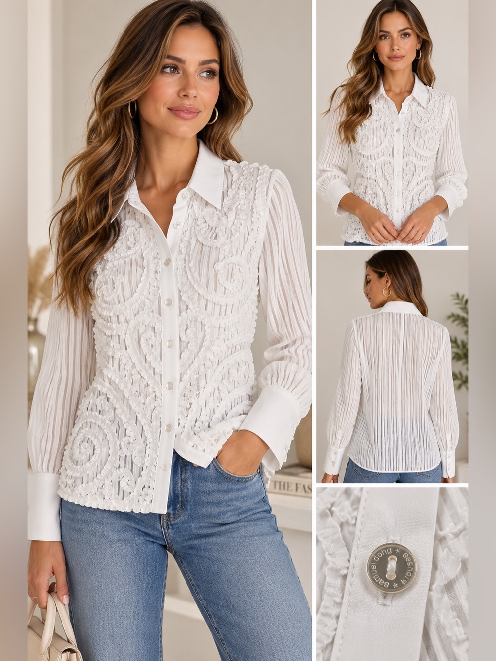 Samuel Dong White Sheer Ruffle Appliqué Statement Blouse Size L